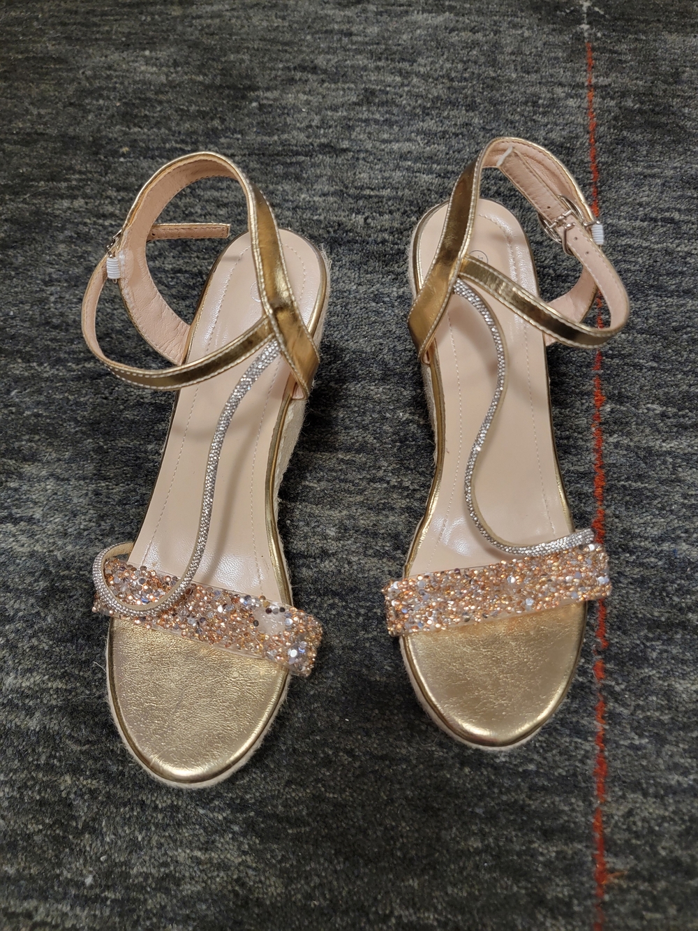 Gold Wedge Espadrille Sandals with Crystal Accents